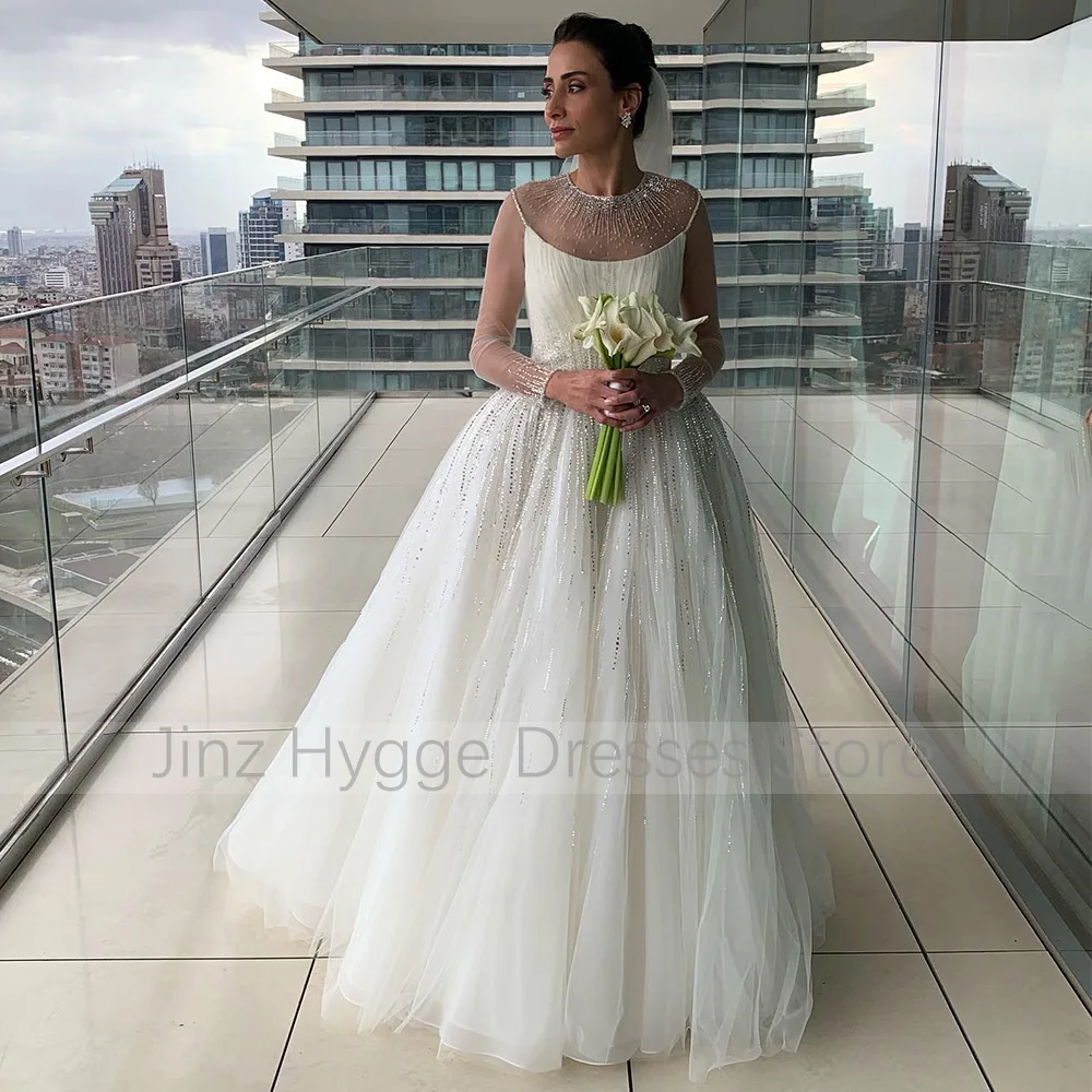 Robe de Mariée de Luxe en Tulle à Manches sulfet Col Rond, Vêtement en Maille Ivoire, Ligne A, Longueur au Sol, pour les Patients de Princesse