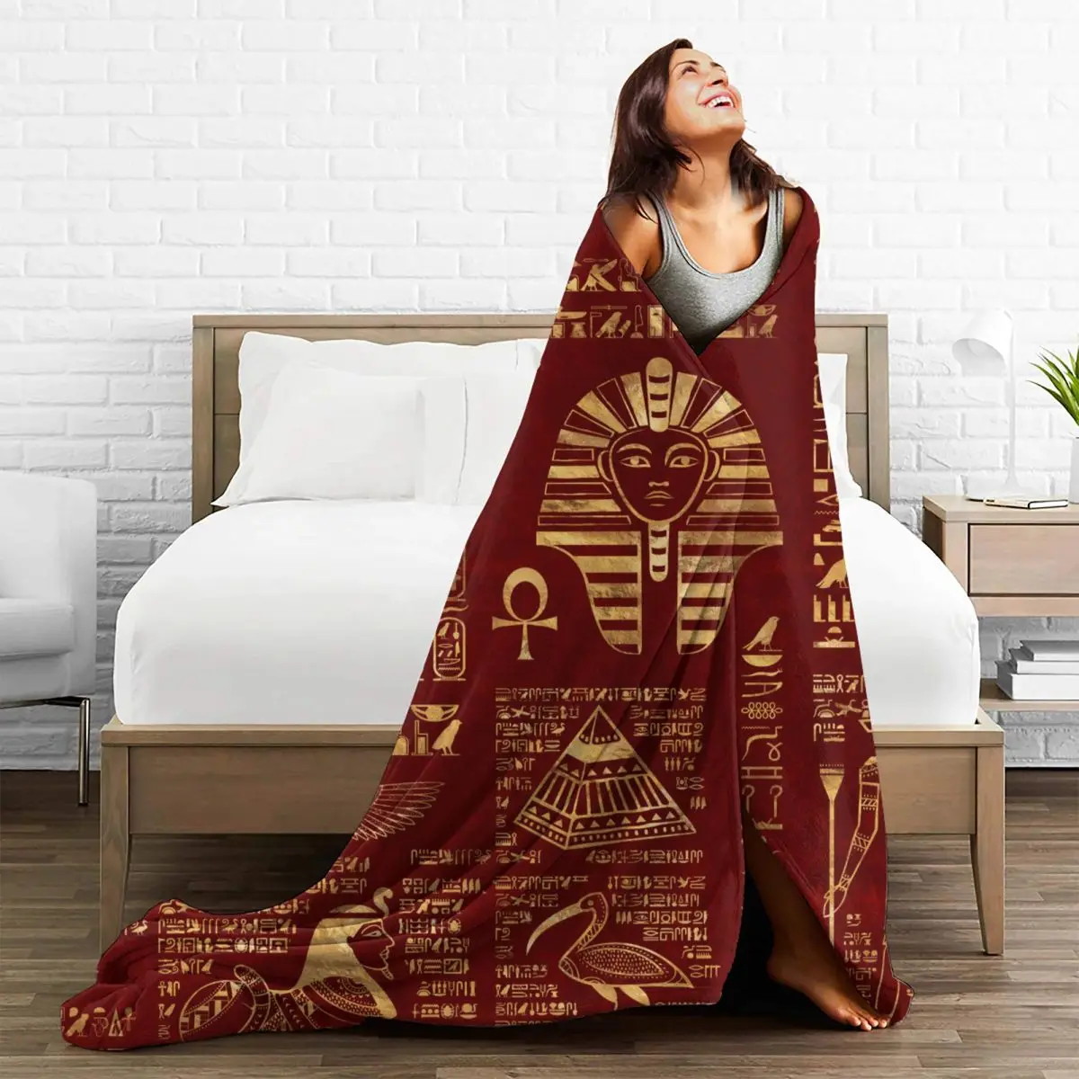 Egyptian Hieroglyphs And Symbols Egypt Blanket Flannel Multi-function Soft Throw Blanket for Bedding Travel Plush Thin Quilt