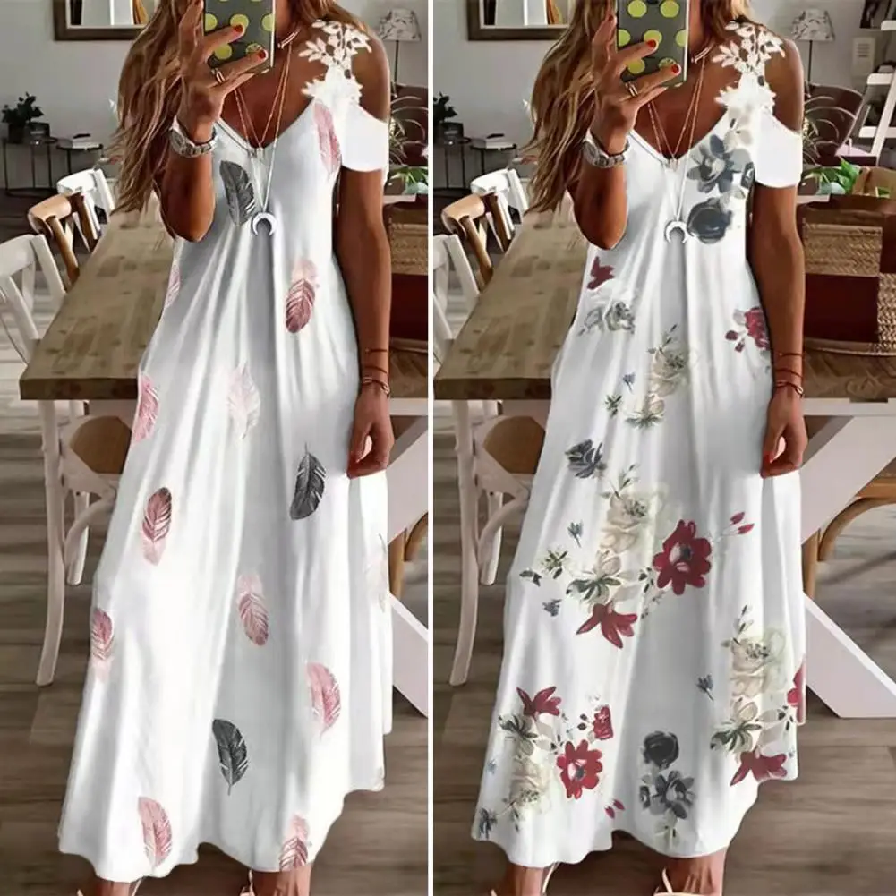 Maxi kleid für Frauen Feder bedruckte Spitzens ch linge Damen locker sitzende ausgehöhlte A-Linie lange Kleid Streetwear für Party