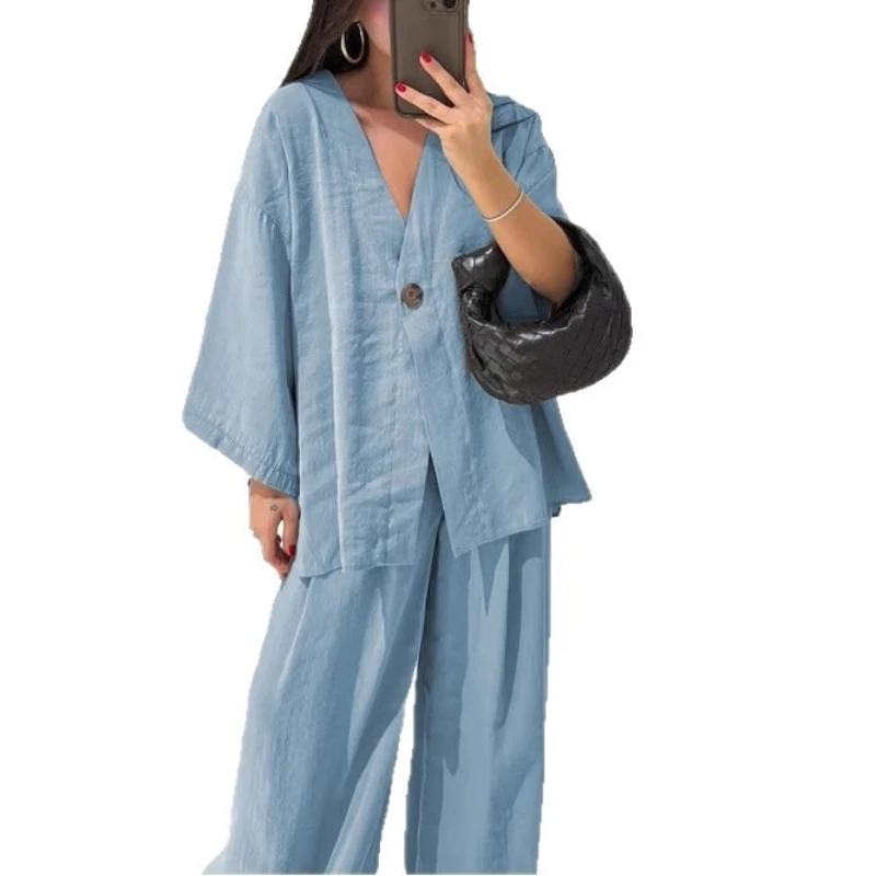 2025 Dameskleding Mode Casual Pak V-hals Eén knop Losse top met lange mouwen Hoge taille Broek Tweedelige set