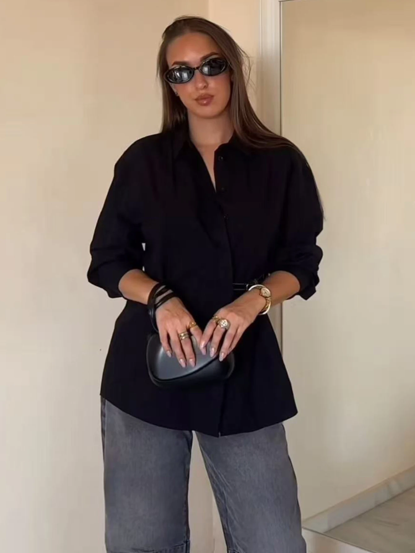 Camisas negras para mujer, blusas de manga larga a la moda femenina, camisa informal para mujer