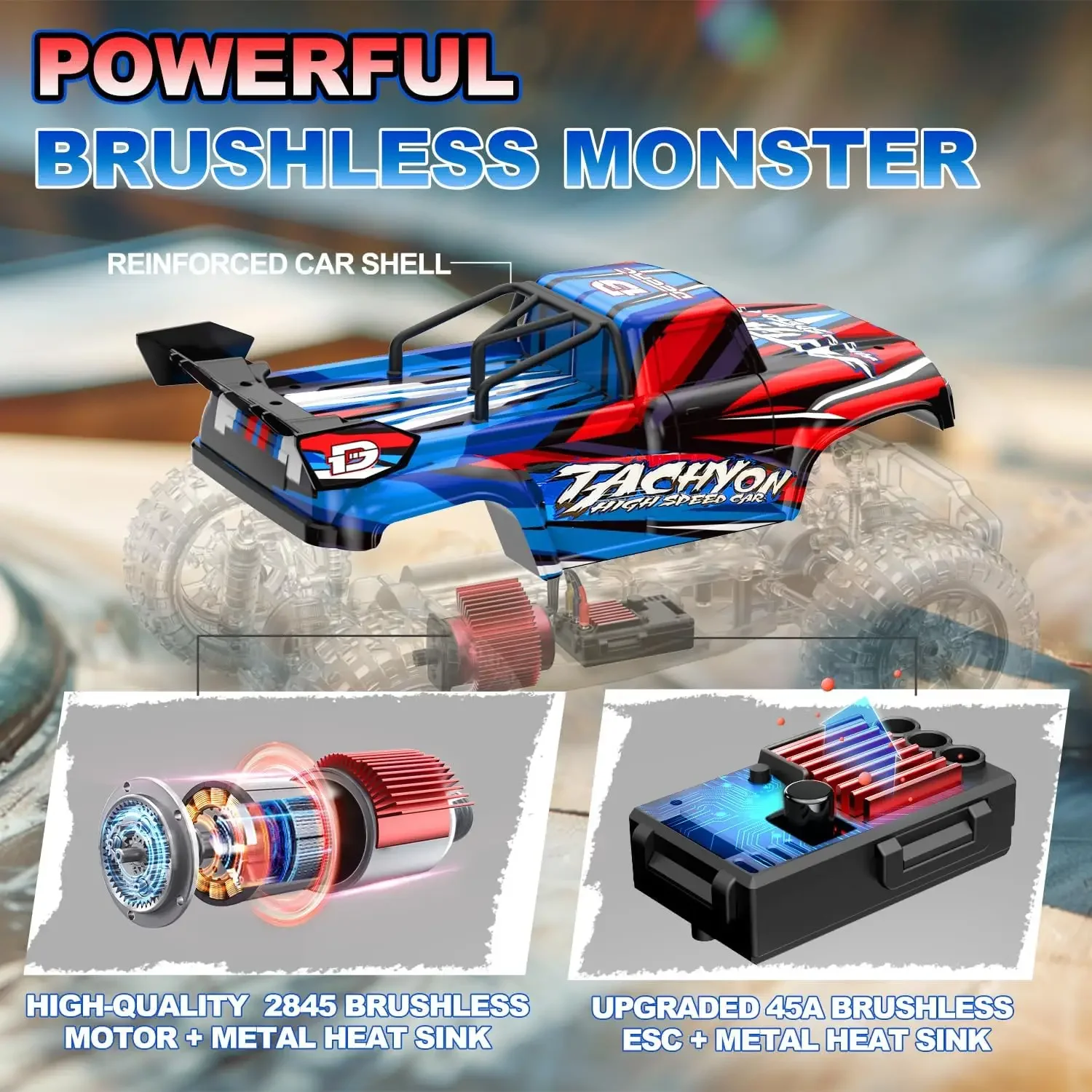 1:10 Large Brushless RC Car for Adults, 3S 4X4 High Speed Monster Truck, 60+ KMH, All Terrain 2.4Ghz Hobby Electric RC Tru