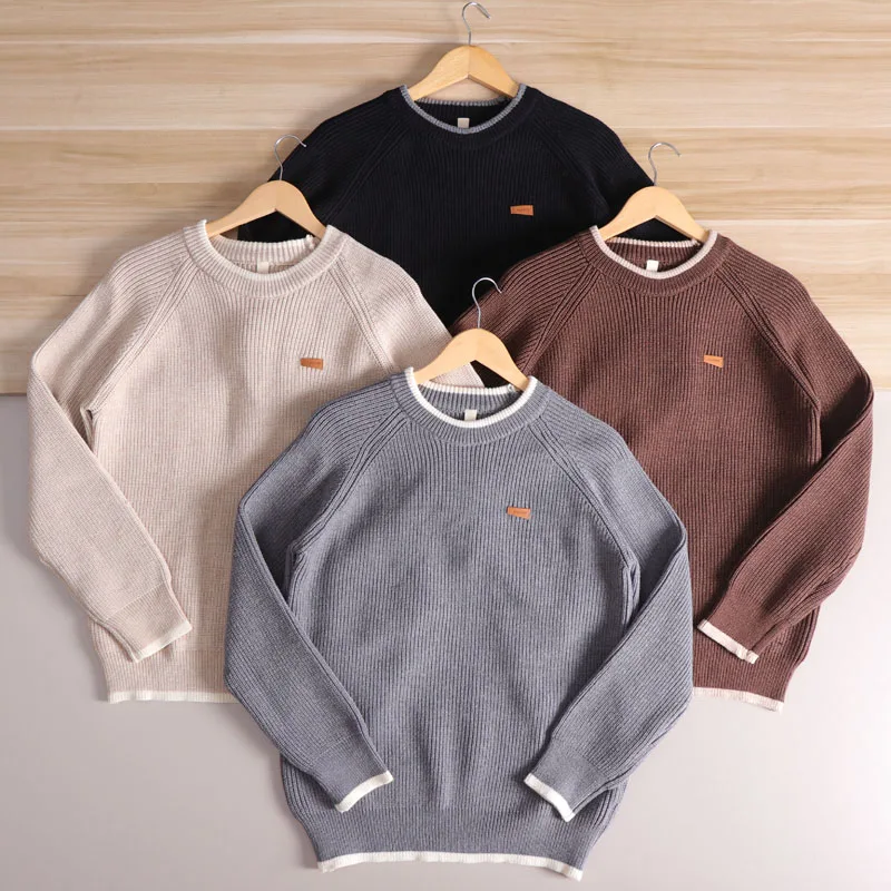 

Retro Japanese Sle Knitted Sweater Men's Faion Color Blo round Ne oulder Insertion Long Sve Casual Knitwear