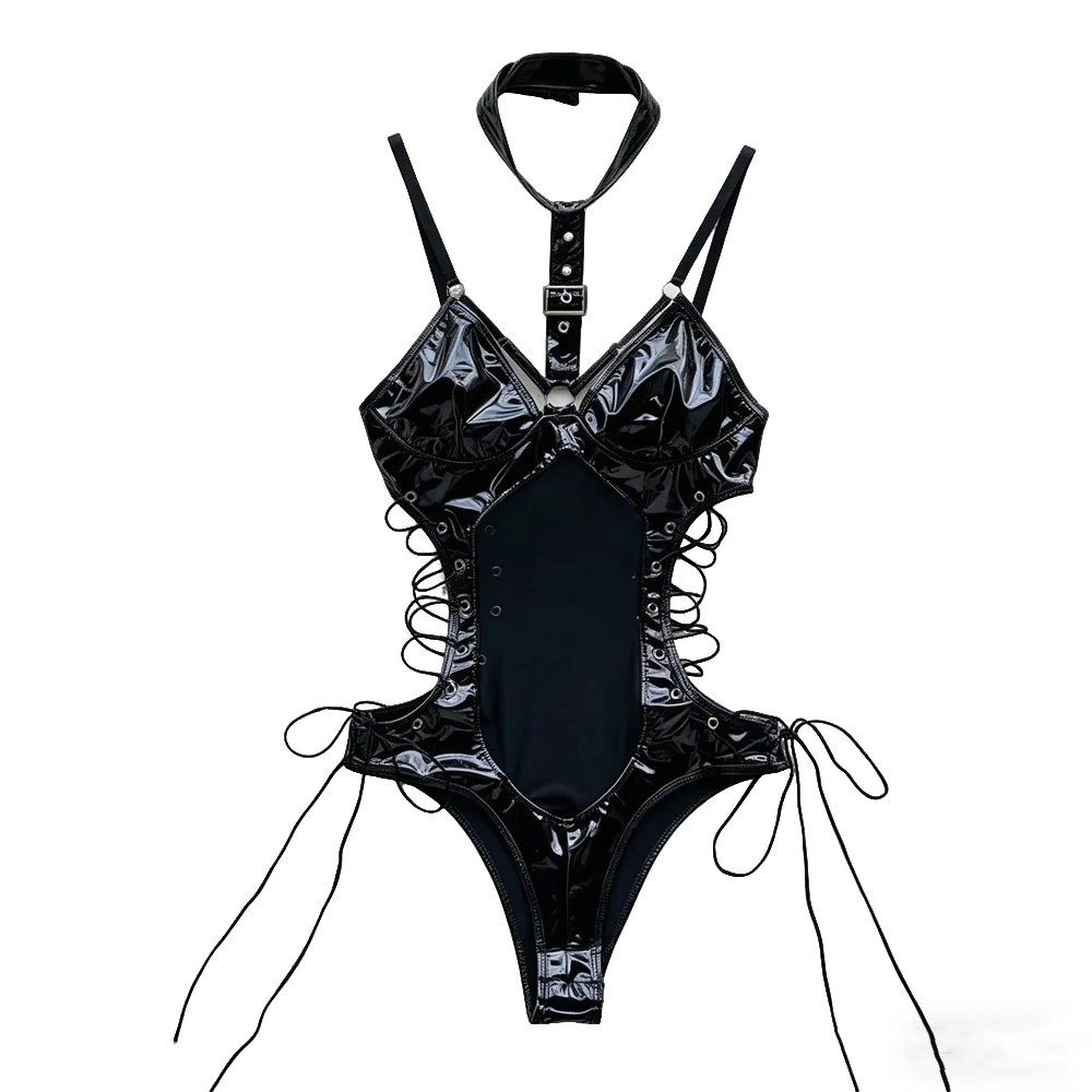 

Black Patent Leather Bodysuits with Adjustable Buckle Neckline Lace-up Side Waist Form Fitting for Cosplay and Costume Parties