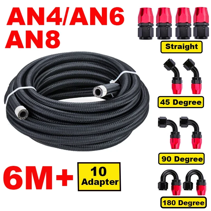 20FT 6M AN4 AN6 AN8 Fuel Hose Oil Gas Cooler Hose Line Pipe Tube Nylon Stainless Steel Braided Inside CPE Rubber + 10 Adaptors