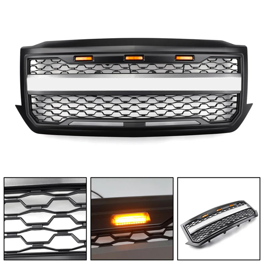 For Chevrolet Silverado 1500 2016~2018 Front Bumper Mesh Grill Radiator Upper Grille Car Racing Grille Wiht LED Light Fit