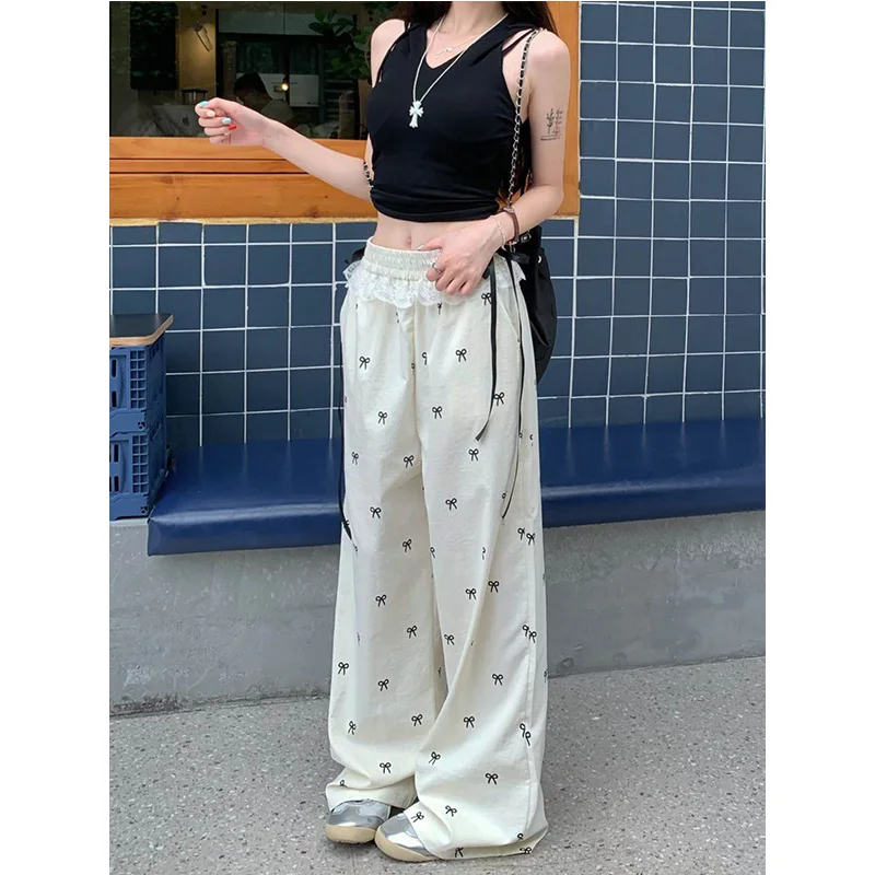 Trend Bow Elastic Waist Trousers Spring Summer New Casual Korean Sweet Patchwork Lace High Waist Wide Leg Pants Women Clothes