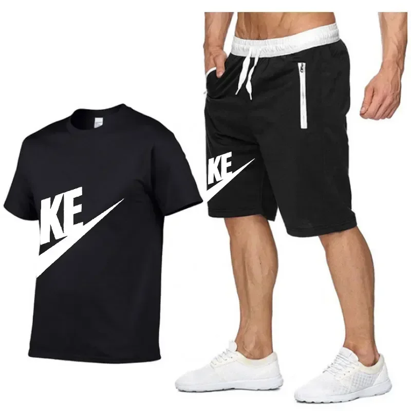 

2024 Summer men's brand printed crewneck short-sleeved T-shirt + five-point shorts Fitness sports fashion casual 2-piece set