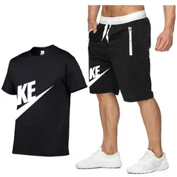 Camiseta de manga corta con cuello redondo para hombre, conjunto de 2 piezas con estampado de marca, pantalones cortos de cinco puntos, moda deportiva, informal, verano, 2024