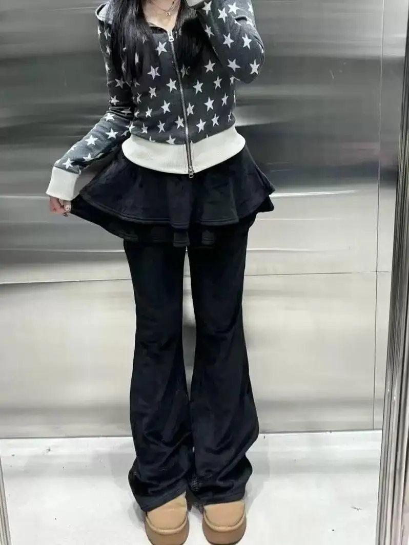 الكورية Sle سراويل تقليدية طبقة مزدوجة المخملية الدانتيل تقليم متوهج الساقين عالية الخصر السراويل الطويلة Personali لطيف وهمية قطعتين