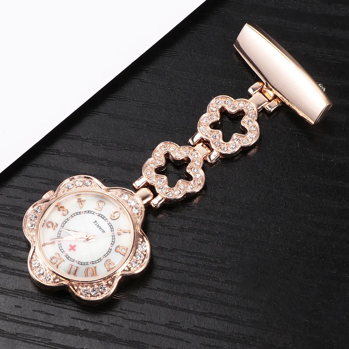 Rose Gold Nurse Watch Rhinestone Floral Style Alloy Pocket Watch Portable Fashion for Doctors Nurses Hospital Use