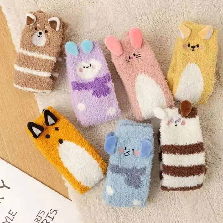 Women Cute 3D Animal Ear Fuzzy Socks Cartoon Coral Fleece Floor Socks Warm Winter Cozy Sleep Socks Kawaii Home Non-slip Socks