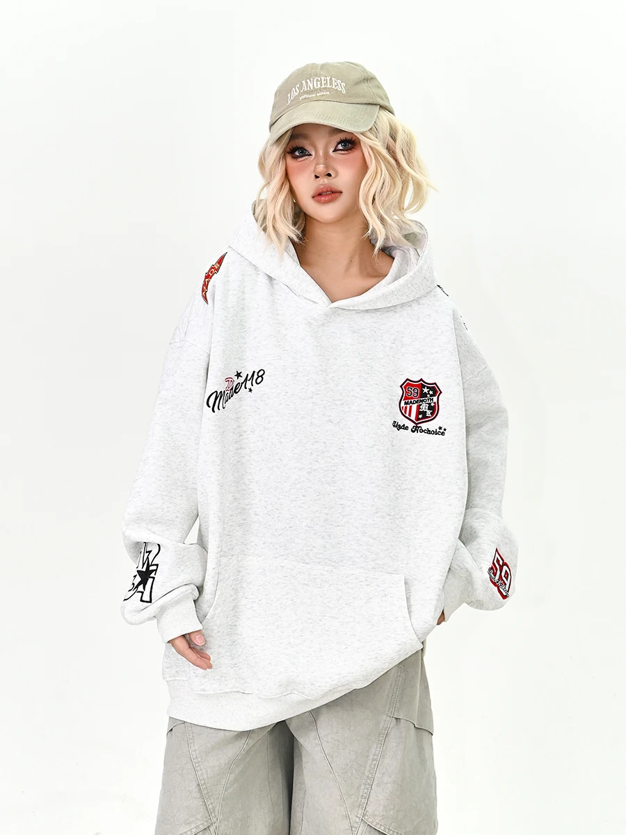 

Женская толстовка-худи в американском университетском стиле с вышивкой, свободного кроя, новая весенняя коллекция, повседневная уличная мода