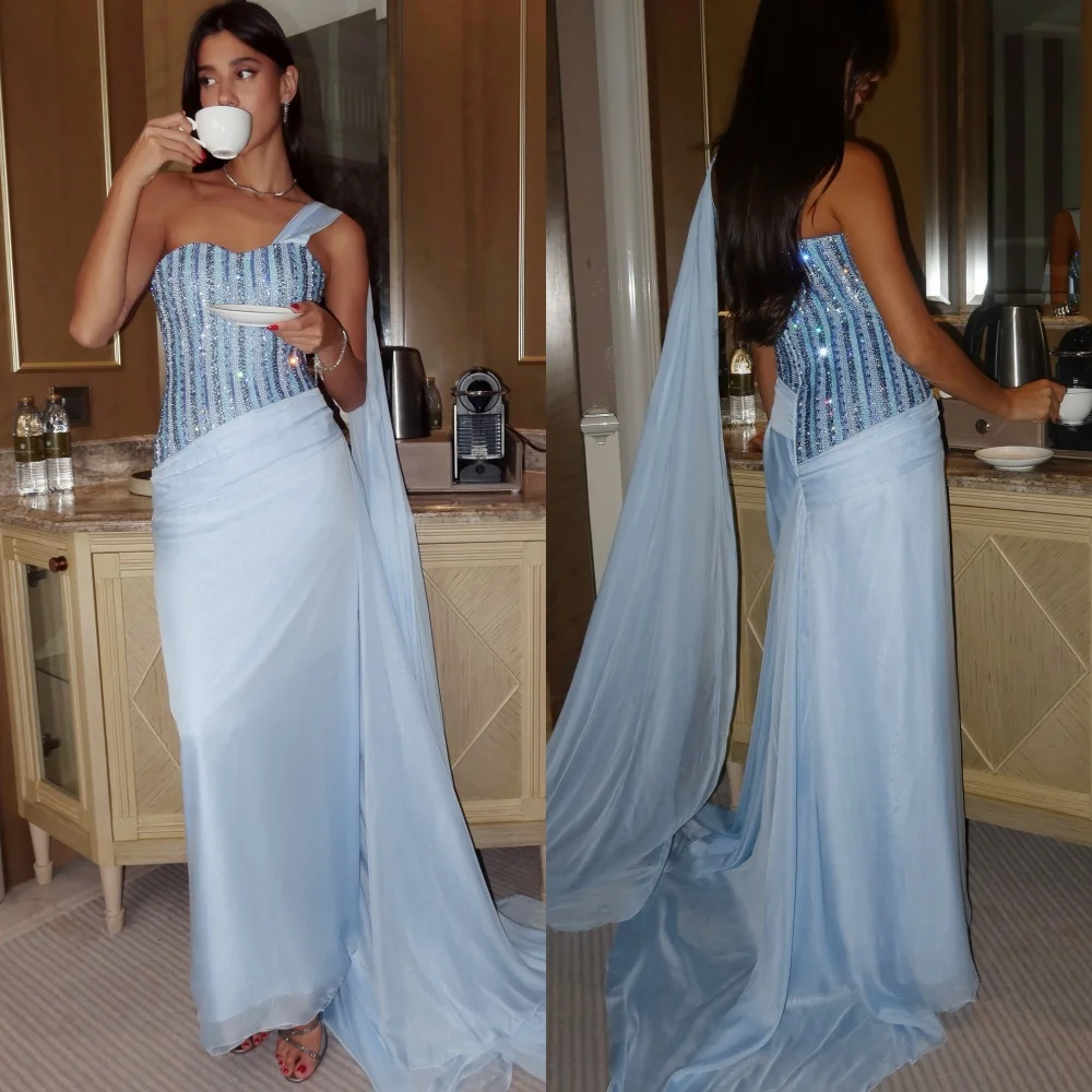 

Customized Fashion Formal Chiffon Beading Sequined Straight One-shoulder Long Dresses Bespoke Occasion Dresses Sizes Available