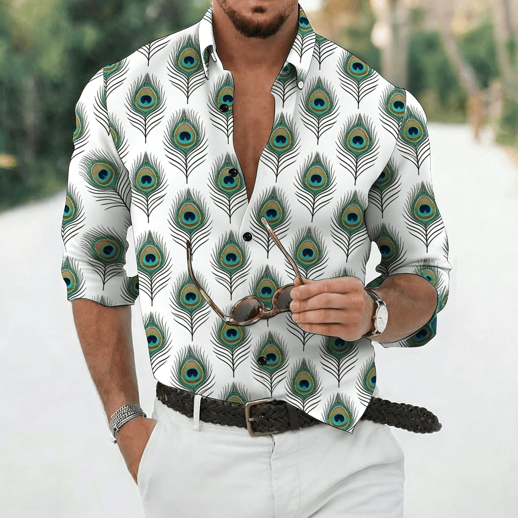 

Men's Peacock Feather Print Long Sleeve Shirt Spring Summer Turn-Down Collar Casual Blouse