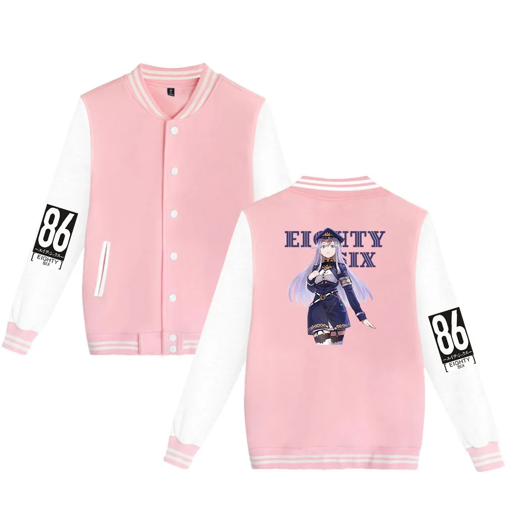 Japan Anime 86 Eighty Six Zip Up Baseball Uniform Fleece Jacket Women Men Streetwear Hip Hop Long Sleeve Pink Hoodie Sweatshirts