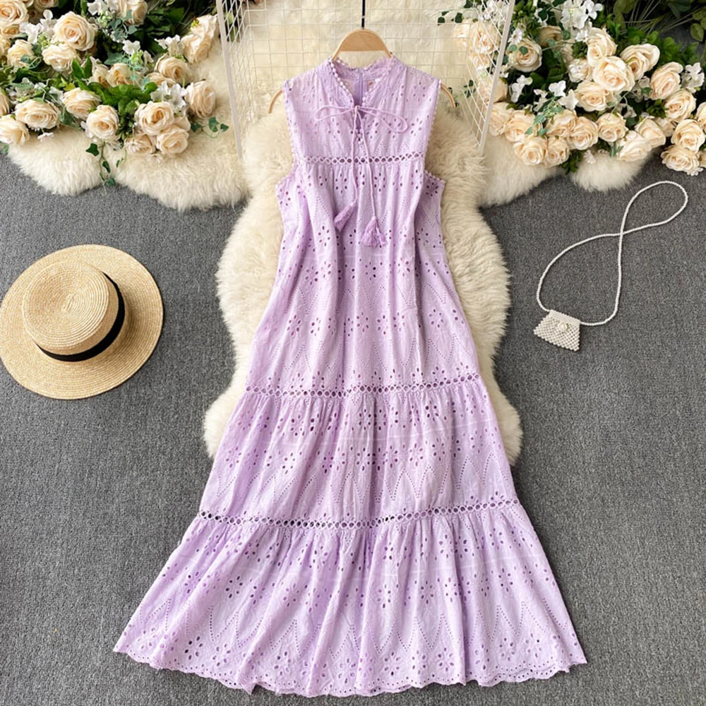 

Summer Sleeveless Dress Women O-neck Lace-up Hollow Out Long Skirt Female Bohemian Loose Solid Color Vest A-line Dresses