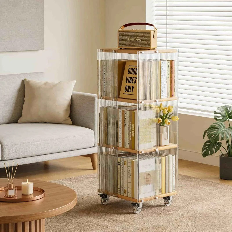 hh-360° Rotating Bookshelf with Multi-Layer Acrylic Storage Rack, Space-Saving Corner Bookcase for Living Room Bedroom Study^