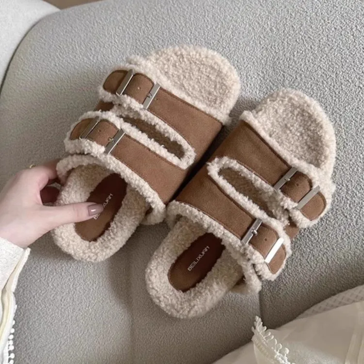 Women's Fashion Flat Woolen Shoes Autumn New Round Head Open Toe Belt Buckle Thick Bottom One Word with Cashmere Cotton Slippers