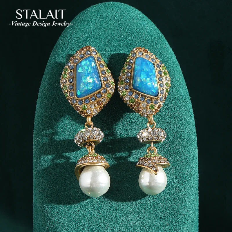 

Vintage Shape Sea Blue Natural Stone Full Rhinestones Drop Pearl Earrings Gold Color Antique Jewelry for Women Wedding Bride New