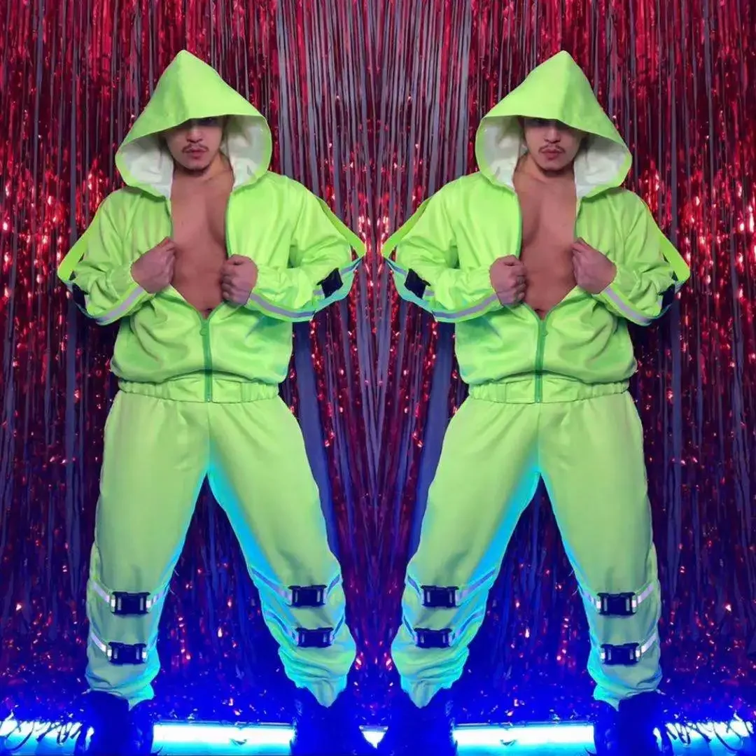 Fluorescent Green Hooded Zipper Jacket Pants 2 PCS Set Jazz Hip Hop Dance Costume Bar Male Singer Team Stage Performance Outfit