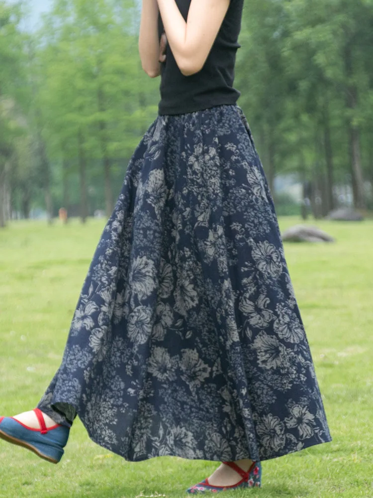 TIYIHAILEY Printed Flowers Long Maxi Elastic Waist Skirt With Pockets A-line Summer Spring 2026 New Ladies Spring Skirts