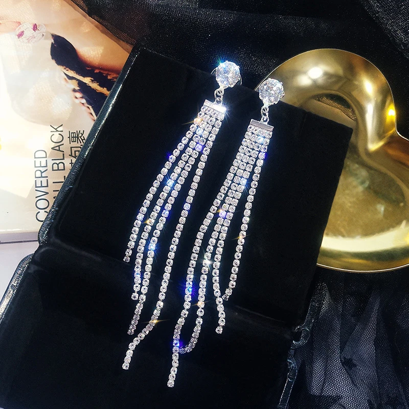 Luxury Crystal Rhinestone Long Tassel clip Earrings for Women Bridal Non Pierced Dangling circle Earrings Party Wedding Jewelry