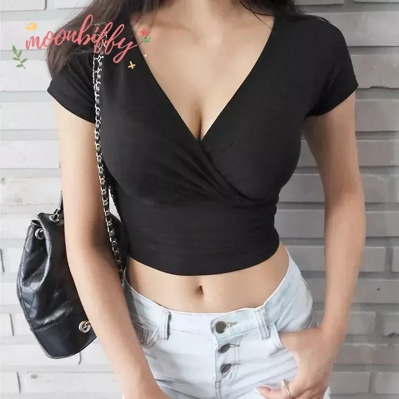 Summer Fashion Solid V Neck T Shirts Women Short Sleeve Sexy Crop Tops Ladies Casual Tees Top Tees Female Black T-Shirts