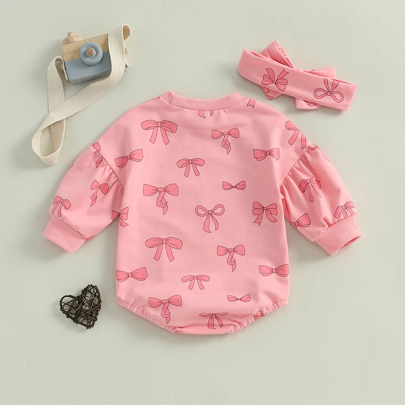 Baby Girl Fall Outfit Bow Print Crew Neck Long Sleeve Sweatshirt Romper Tie-up Headband 2 Pieces Set