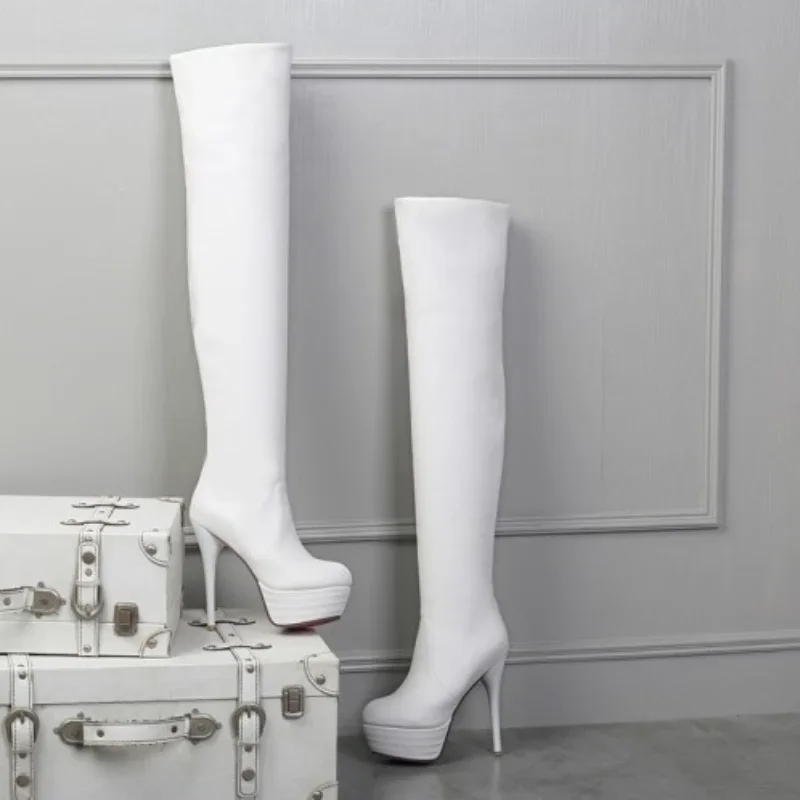 

2025 Sexy Black Platform Over-the-knee Long Boots Ladies Stiletto 12cm High Heel Nightclub Women Shoes Stripper Plus Size 44 45