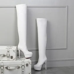 2025 Sexy Black Platform Over-the-knee Long Boots Ladies Stiletto 12cm High Heel Nightclub Women Shoes Stripper Plus Size 44 45
