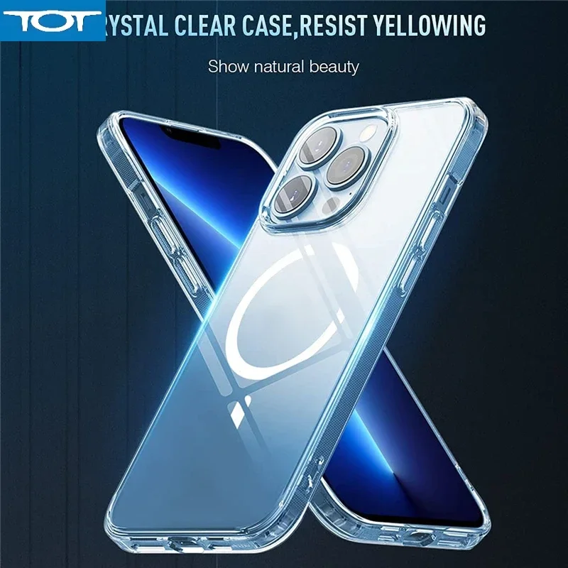 

Magnetic Case Magsafe Cover For iPhone 12/13 Pro Max Mini Transparent Cover Wireless Charging Case Shockproof Hard Crystal Case