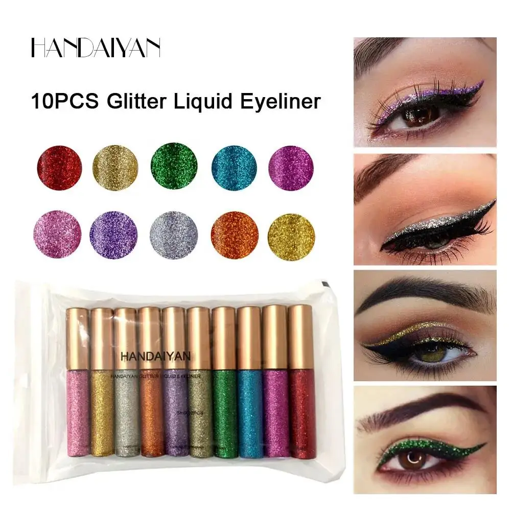 Long Lasting Glitter Eyeliner Kit 10 Vibrant Shades Metallic Sparkle Smudge Proof Easy Apply Eye Liner Makeup Set