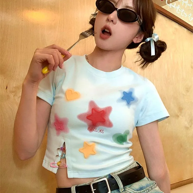 Korean Cute Star Print Graphic T Shirts Mini Crop Tops Women Girls Kawaii Grunge Clothes Hip Hop Streetwear Students Slim Summer