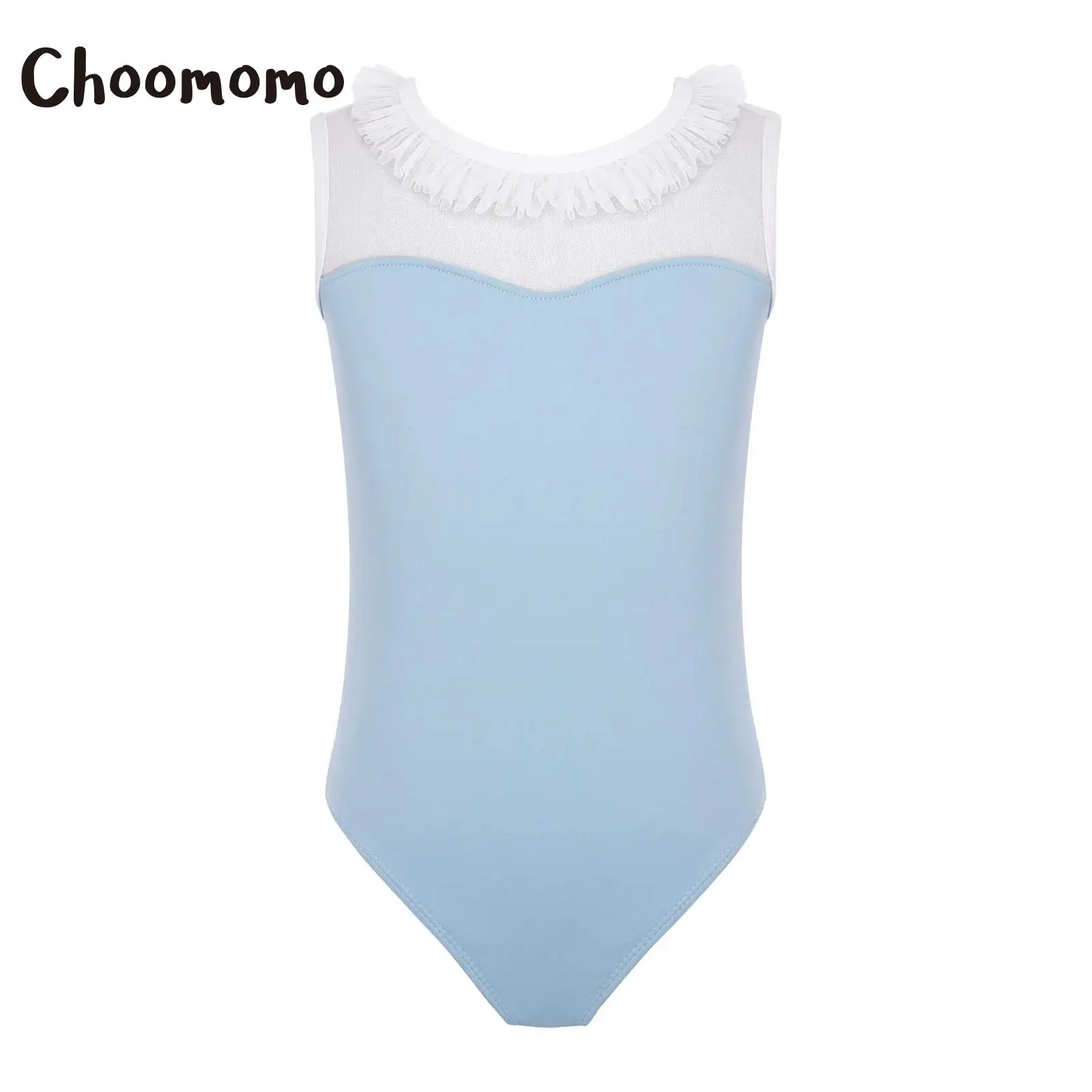 

Детский гимнастический купальник для девочек с воротником-рюшами, балетный танцевальный костюм, прозрачный сетчатый, без рукавов, для тренировок по гимнастике и фигурному катанию