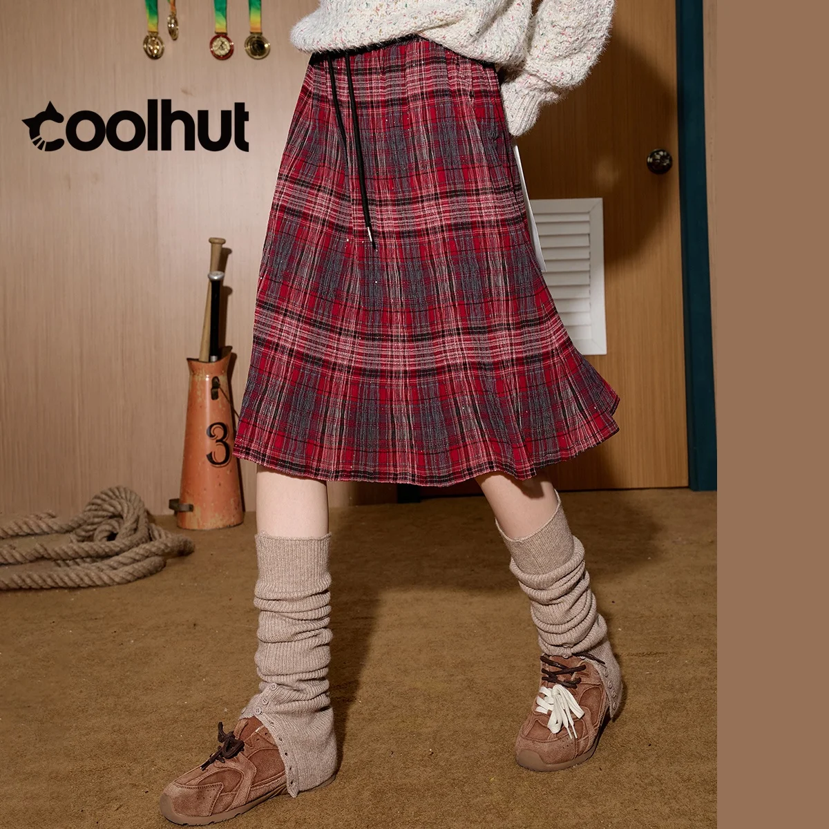 

COOLHUT Women's Vintage Glitter Plaid Midi Skirt 2025 Spring A-Line High Waist Flowy Skirt for Travel Elegant Casual Skirt