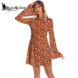 [You're My Secret] Fashion Women Dress 60s 70s Go Go Retro Hippie Boho Floral Printed Disco Dress Halloween Party Fancy Dress Up