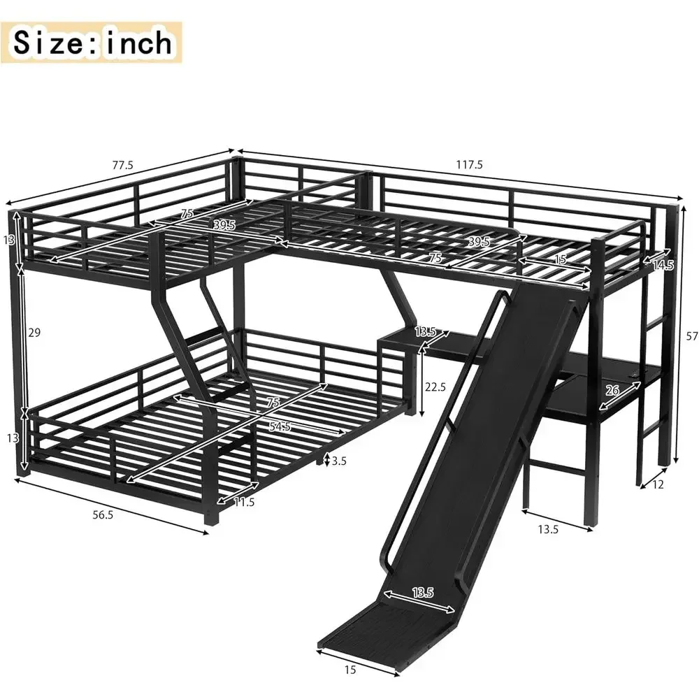 L-Shaped Twin Over Full Bunk Bed with Twin Loft, Desk, Ladder, USB Ports, 3-in-1 Metal Bed with Slide, Space-Saving for Kids and