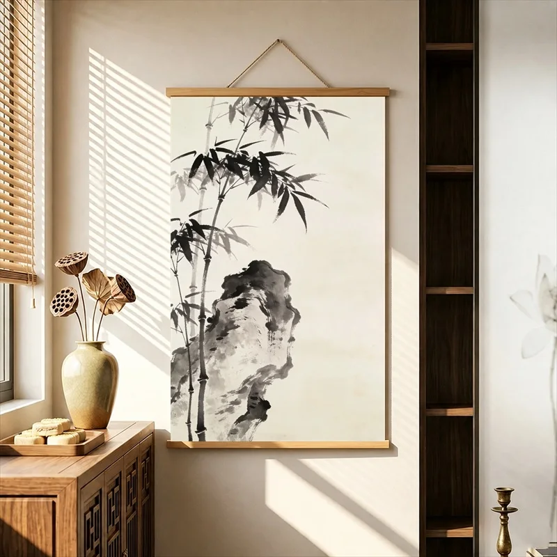 Wall Decor Bamboo Leaves and Rocks with Quiet White Space, Zen Minimalism Pearlescent Canvas Wall Hanging Scroll for Tea House