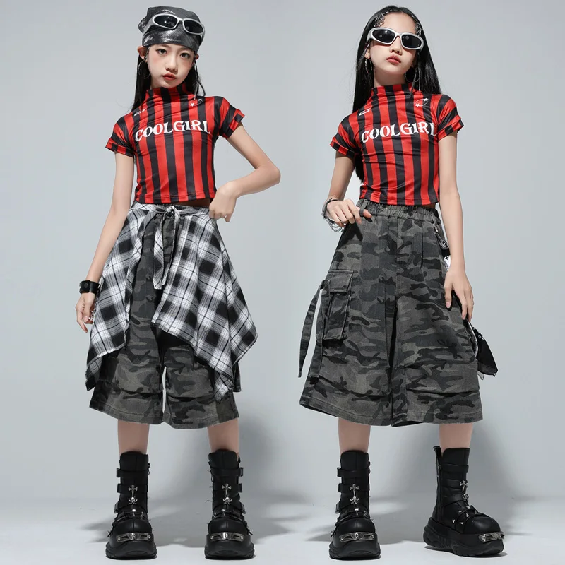 Kind Hip Hop Kleidung Set Rot Schwarz Streifen T-shirt Tops Camouflage Shorts Kind Street Dance Kostüm Mädchen Jazz Modern Dance Anzug