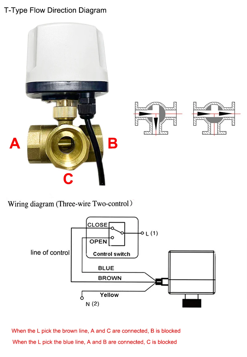 1/2 "3/4" 1 "2" dreifach wasserdichter motorisierter Kugel hahn Messing elektrischer Kugel hahn dreiadriger Messing kugel hahn mit zwei Steuerungen – Detail 1