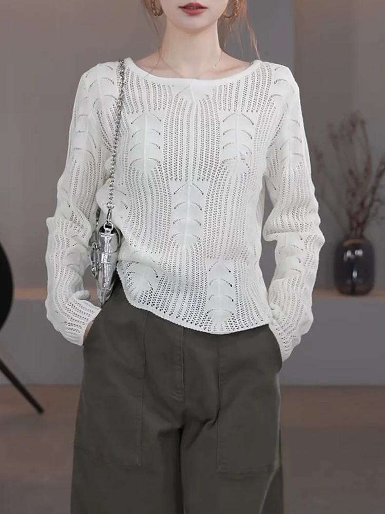 

Ele Hollow out Knitted Sweater Faionable Large Size Versatile Top French Sle Embroidered 2025 Autumn New Arrival