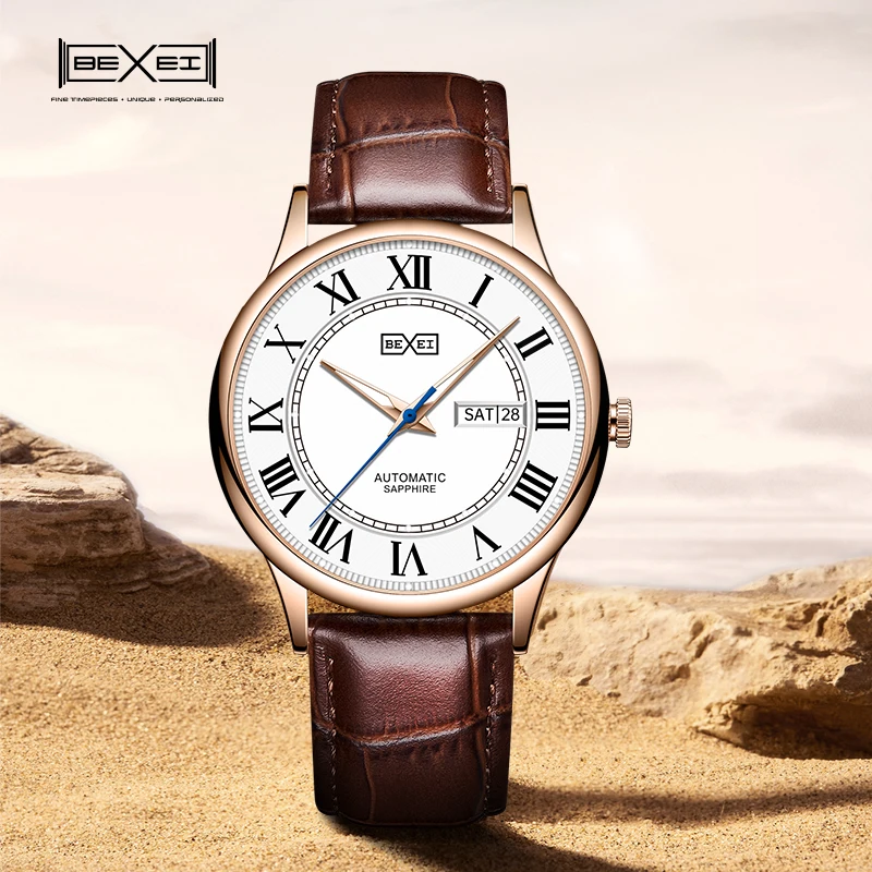 BEXEI 2025 Displays for date day of the week mechanical Automatic Movement Roman Numerals Man watch sapphire Crystal