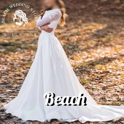 Matrimonio personalizzato da spiaggia A-Line O-Collo Applicazioni in pizzo Manica intera Lunghezza pavimento Sweep Train Affascinante abito da sposa realizzato Nuovo arrivo