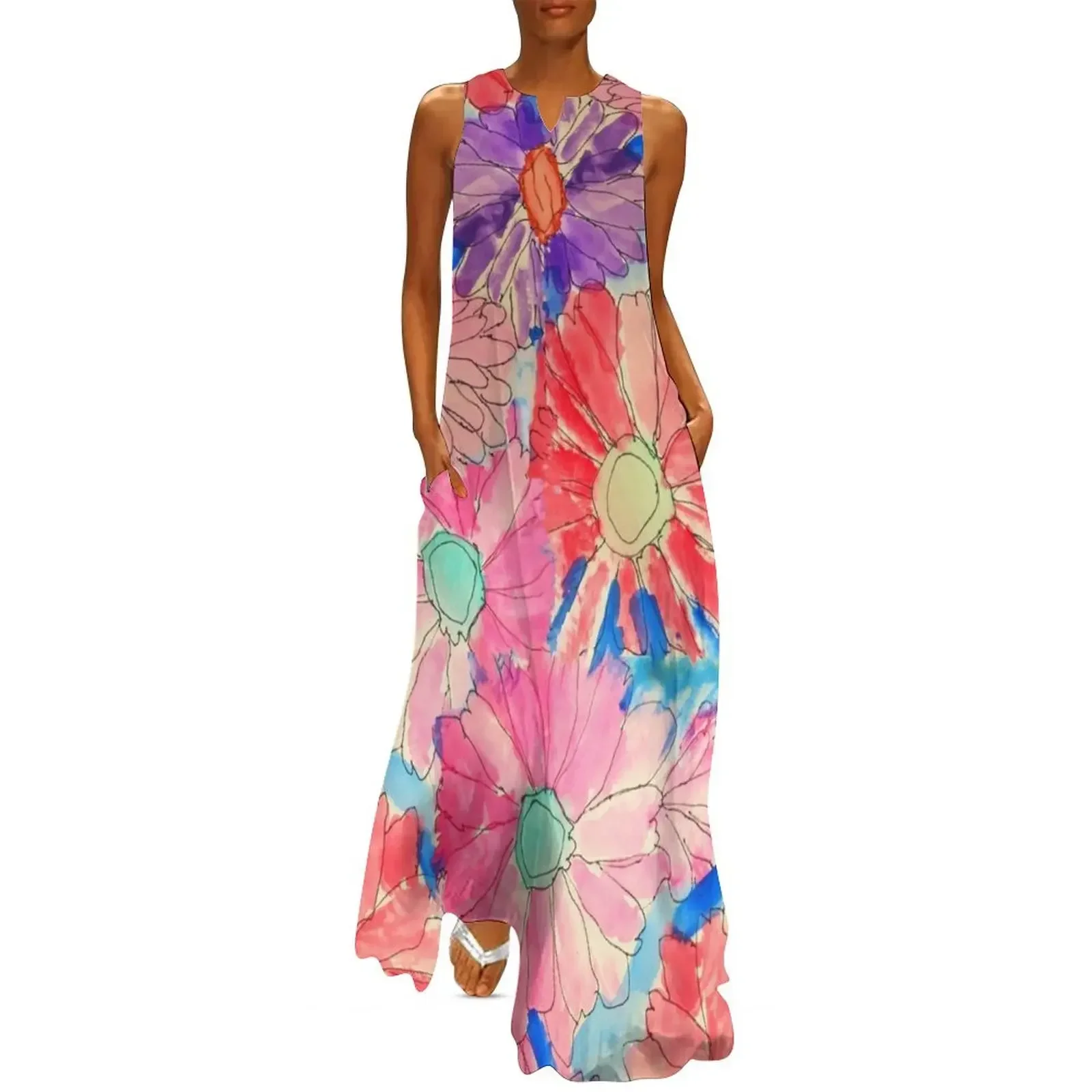 

Rainbow Watercolor Flowers Long Dress Dresses Woman fashion Woman's evening dress Dress