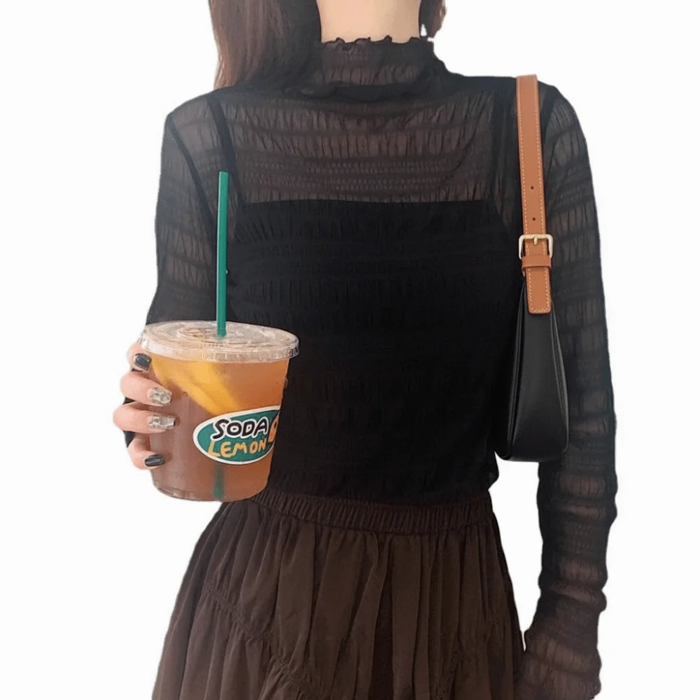 

Sweet Style Thin Lace Tops High Collar Pure Color Long Sleeve Top Lace Base Mesh Base Shirt Daily Wear