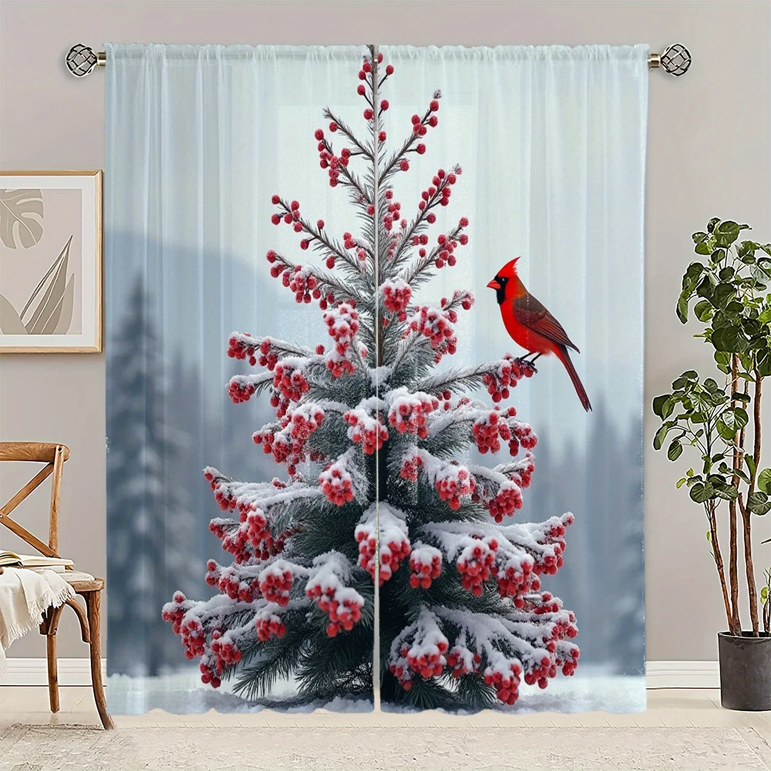 2pcs Christmas Pine Tree Curtains with Red Berries Cardinal Design, Polyester Rod Pocket for Living Room Bedroom Decor