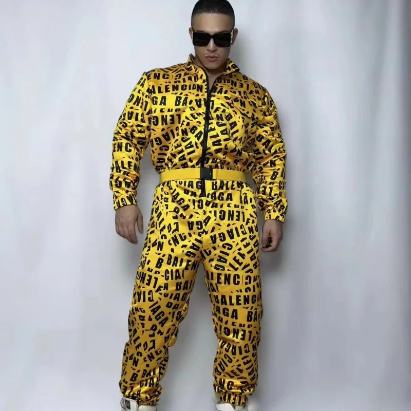 Nightclub Bar Hip hop Overalls Yellow Letter Printed Jumpsuit Men's DJ Jazz Gogo DanceWear Party Show Performance Costumes