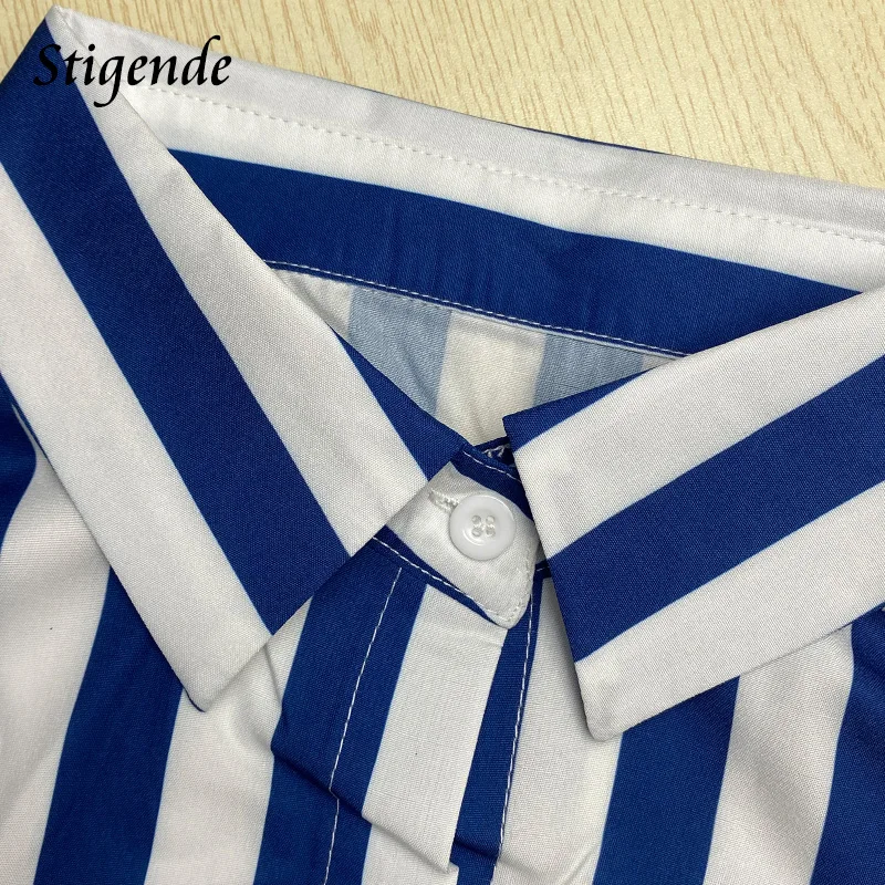 Stigende White Blue Striped Loose Fit Shirt Women Elegant Lapel Neck Button Blouse