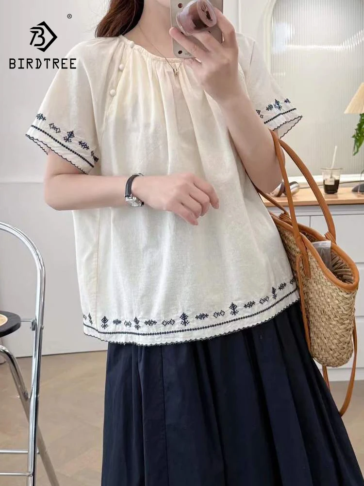 

New 2026 Summer Women Cotton Short Sleeve Shirt, Stand Embroidery, Mori Girl Fashion Preppy Style Commute Loose Blouse T64320CC